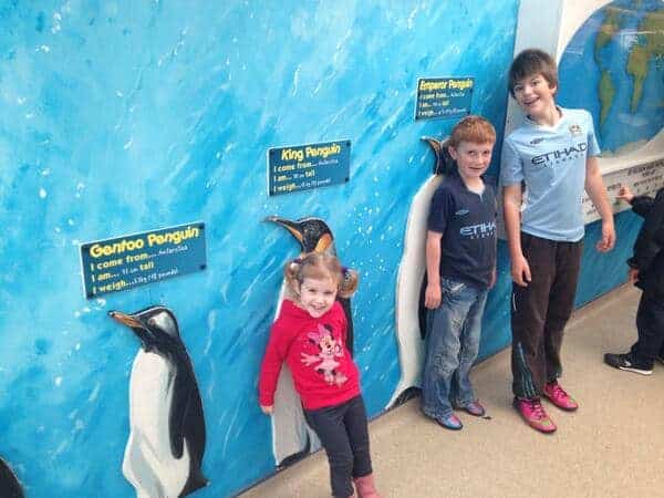 Children posing with penguin murals at aquarium.