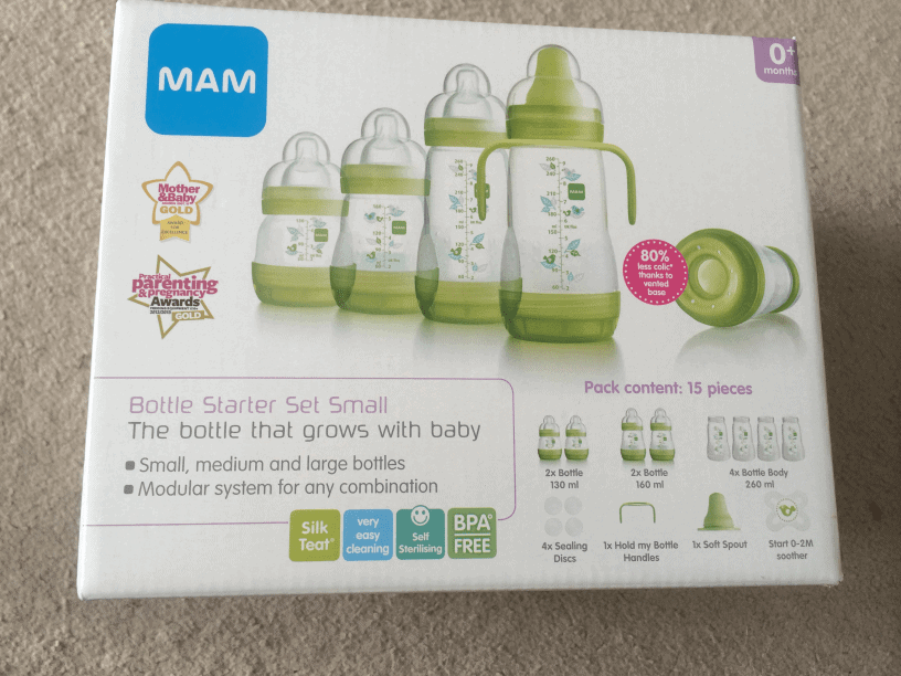 MAM bottle starter set for babies, various sizes.