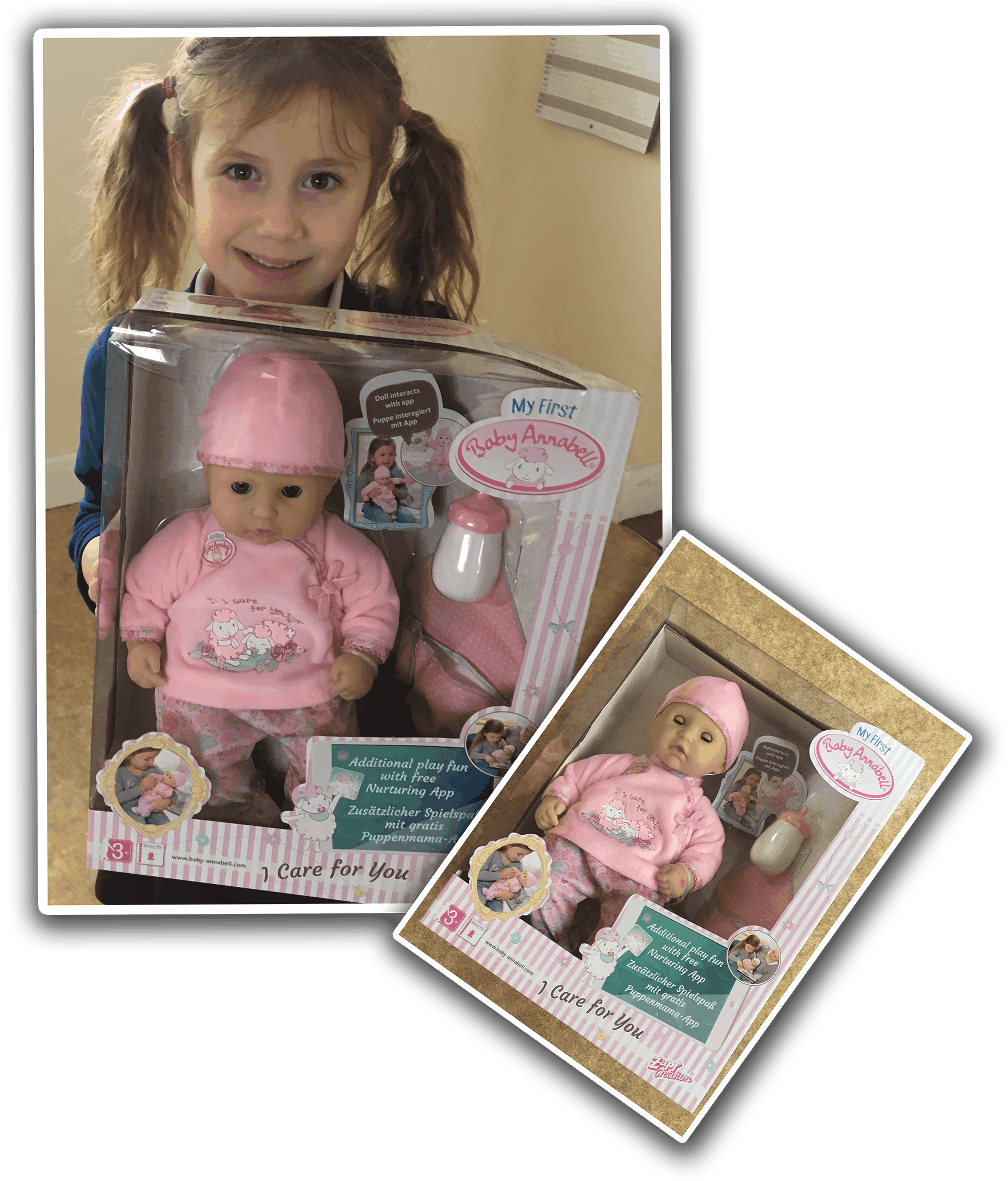 Girl holding My First Baby Annabell doll box.